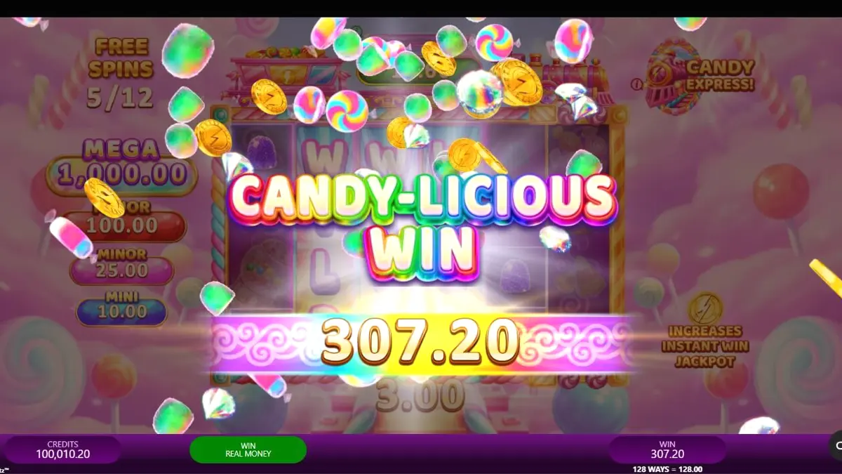 Giao diện trò chơi Candy Express Gold Blitz với chủ đề tàu hỏa kẹo ngọt