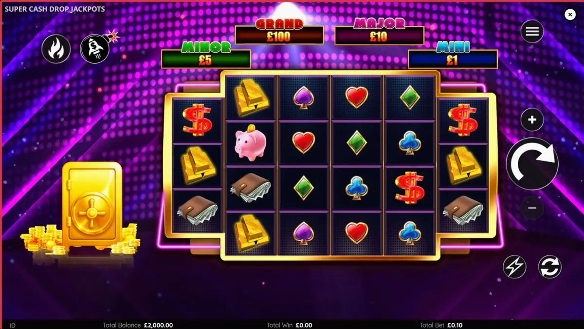Giao diện trò chơi slot Super Cash Drop Jackpots với phong cách neon hiện đại